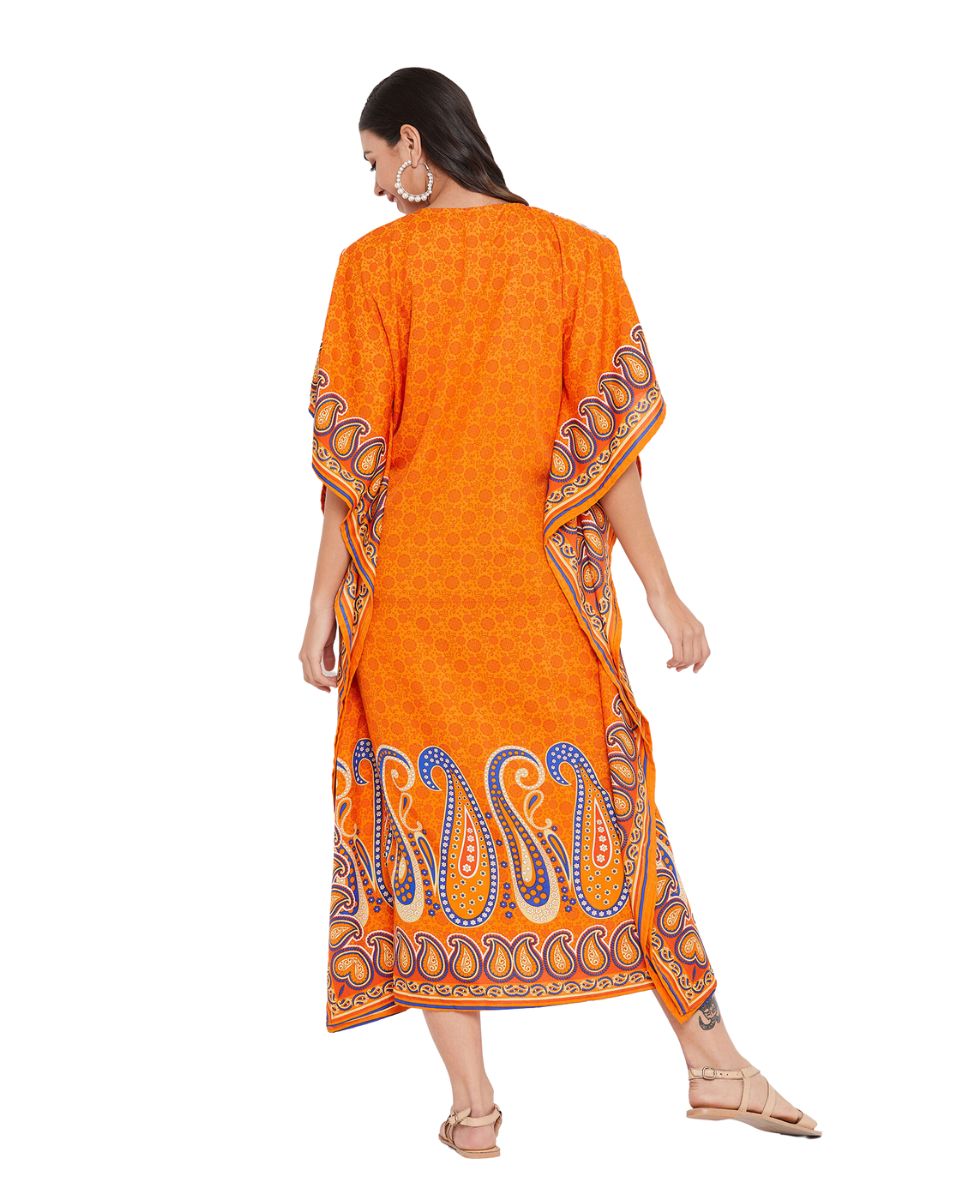 Paisley Printed Orange Plus Size Polyester Kaftan Dress For Women