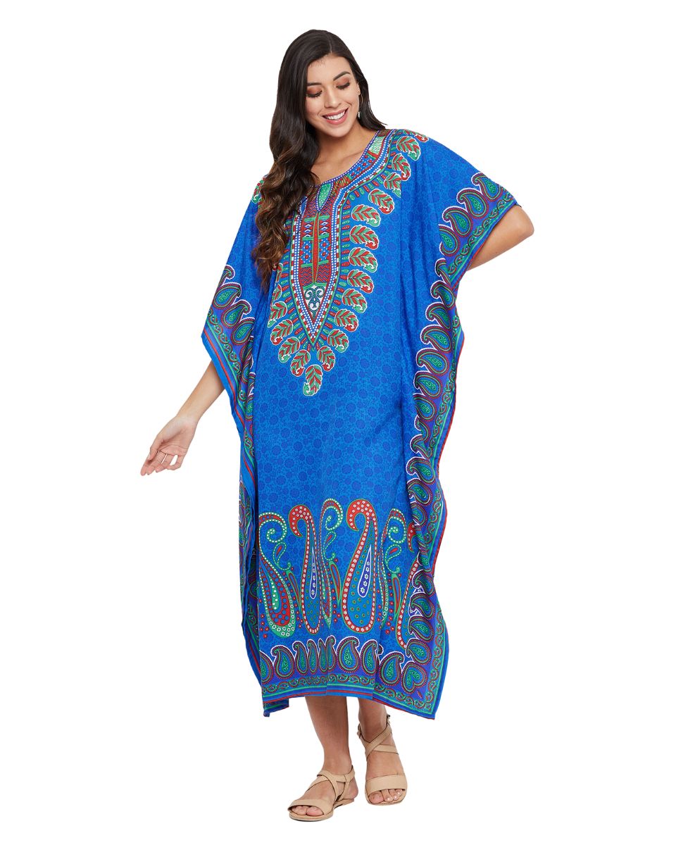 Paisley Printed Blue Polyester Plus Size Caftan Dress For Women