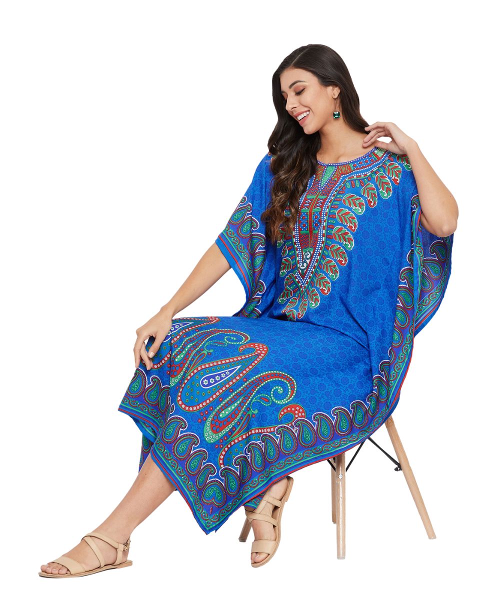 Paisley Printed Blue Polyester Plus Size Caftan Dress For Women