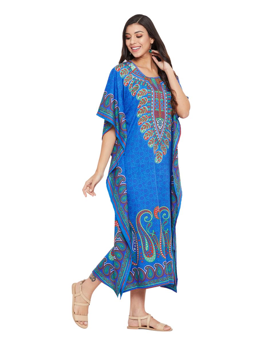 Paisley Printed Blue Polyester Plus Size Caftan Dress For Women