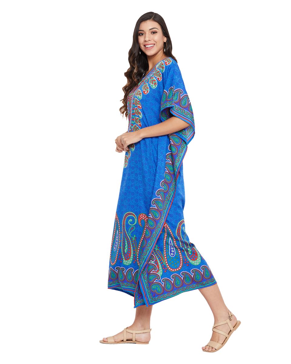 Paisley Printed Blue Polyester Plus Size Caftan Dress For Women