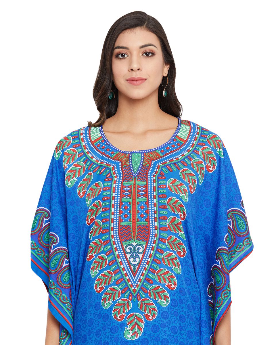 Paisley Printed Blue Polyester Plus Size Caftan Dress For Women