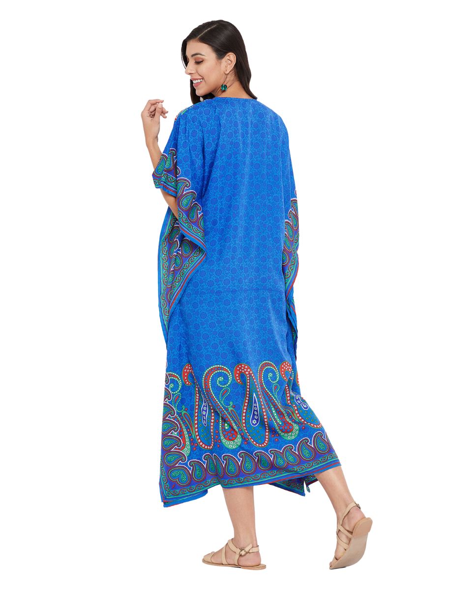 Paisley Printed Blue Polyester Plus Size Caftan Dress For Women