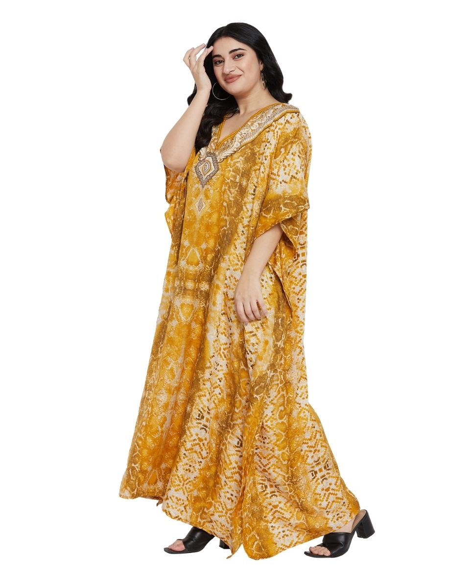 Animal Printed Yellow Polyester Kaftan Dress For Plus Size Women