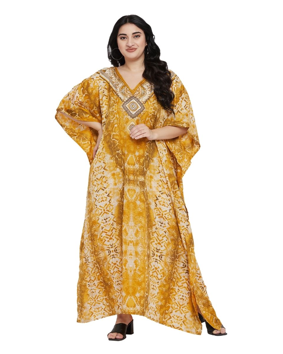 Animal Printed Yellow Polyester Kaftan Dress For Plus Size Women