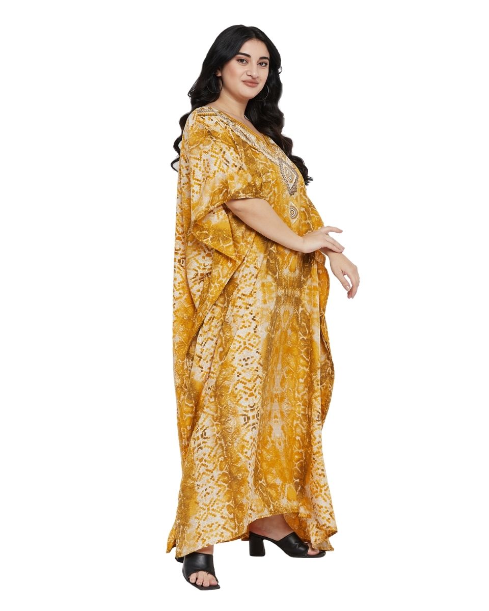 Animal Printed Yellow Polyester Kaftan Dress For Plus Size Women