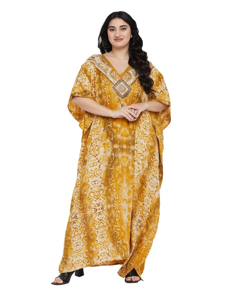 Animal Printed Yellow Polyester Kaftan Dress For Plus Size Women