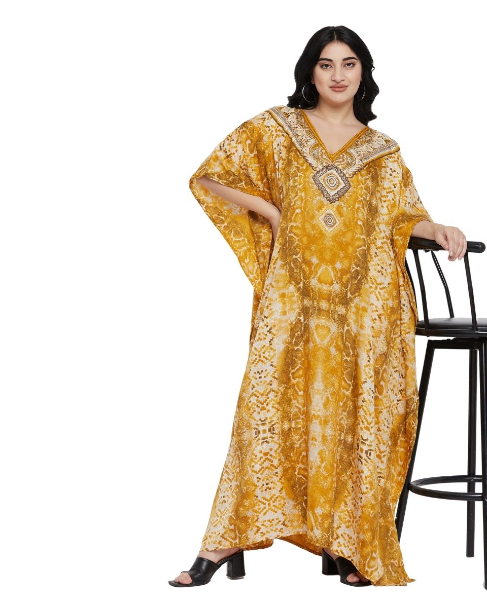 Animal Printed Yellow Polyester Kaftan Dress For Plus Size Women
