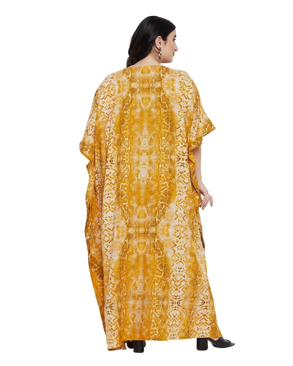 Animal Printed Yellow Polyester Kaftan Dress For Plus Size Women
