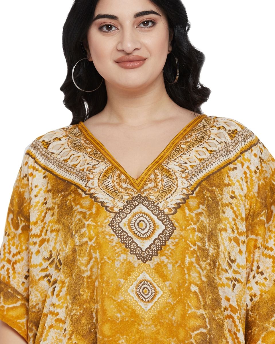 Animal Printed Yellow Polyester Kaftan Dress For Plus Size Women