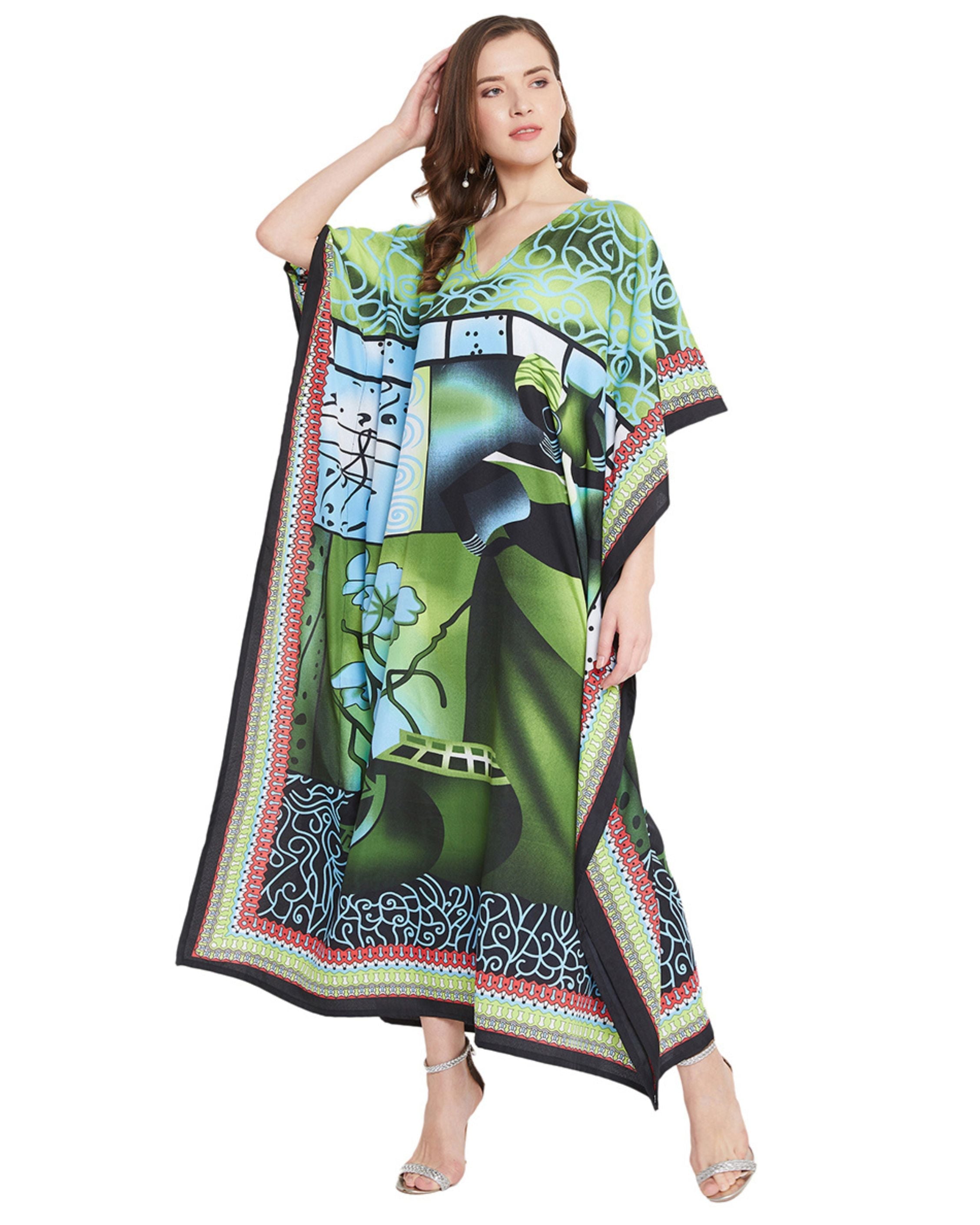 Floral Print Green Polyester Kaftan Plus Size Dress For Women