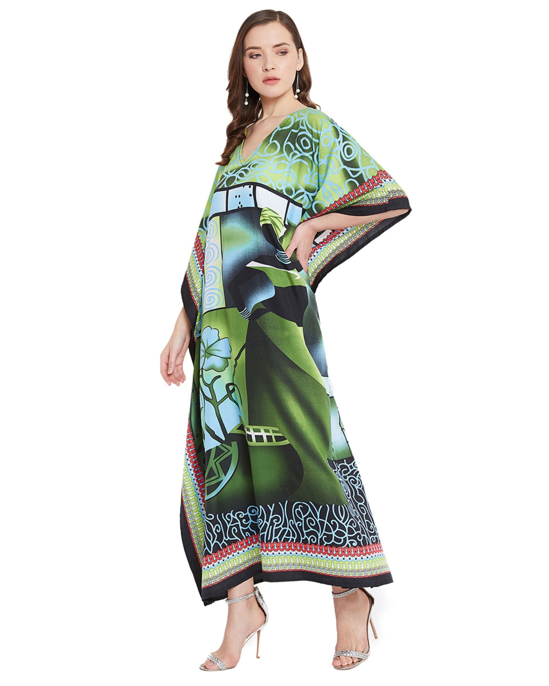 Floral Print Green Polyester Kaftan Plus Size Dress For Women