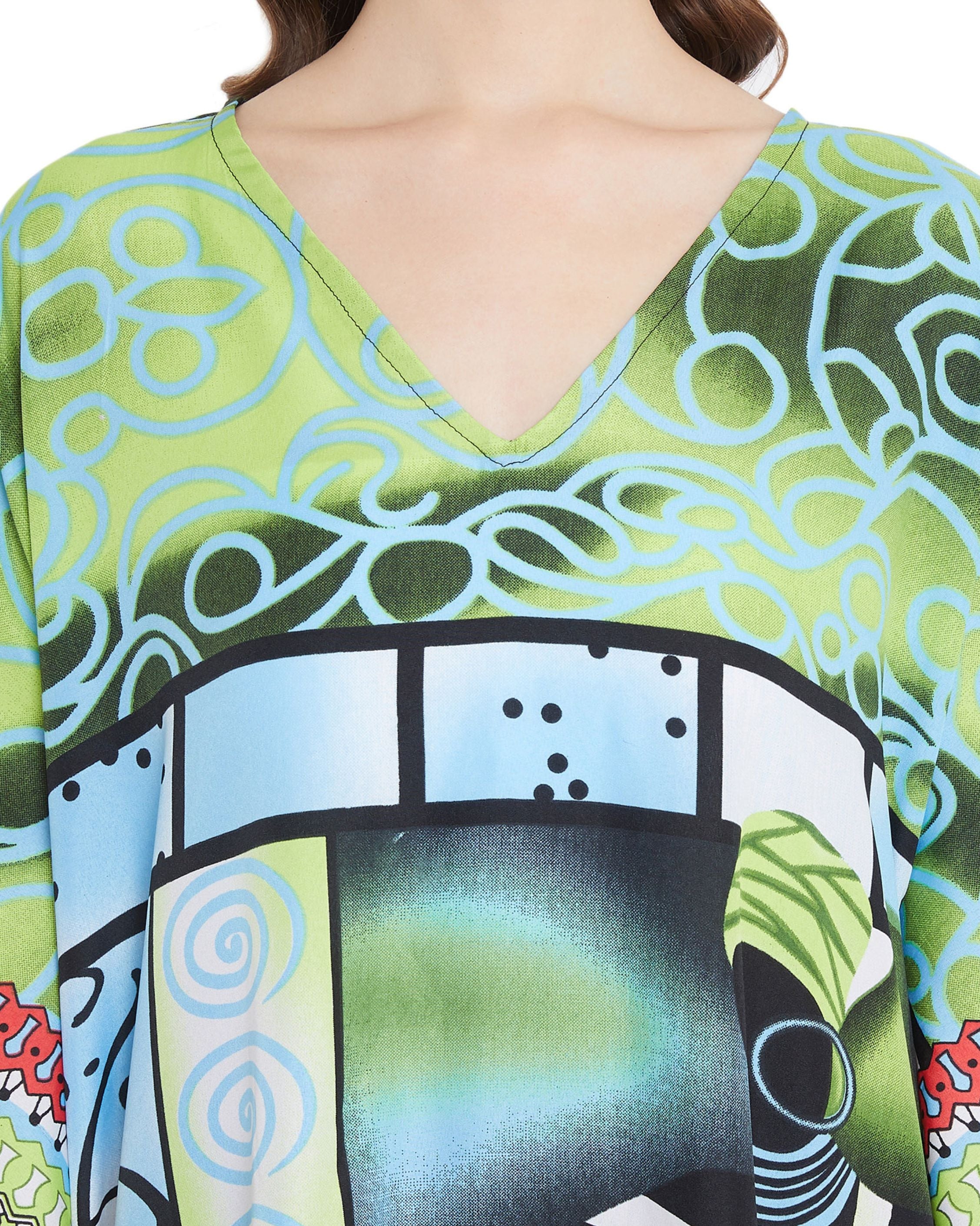 Floral Print Green Polyester Kaftan Plus Size Dress For Women