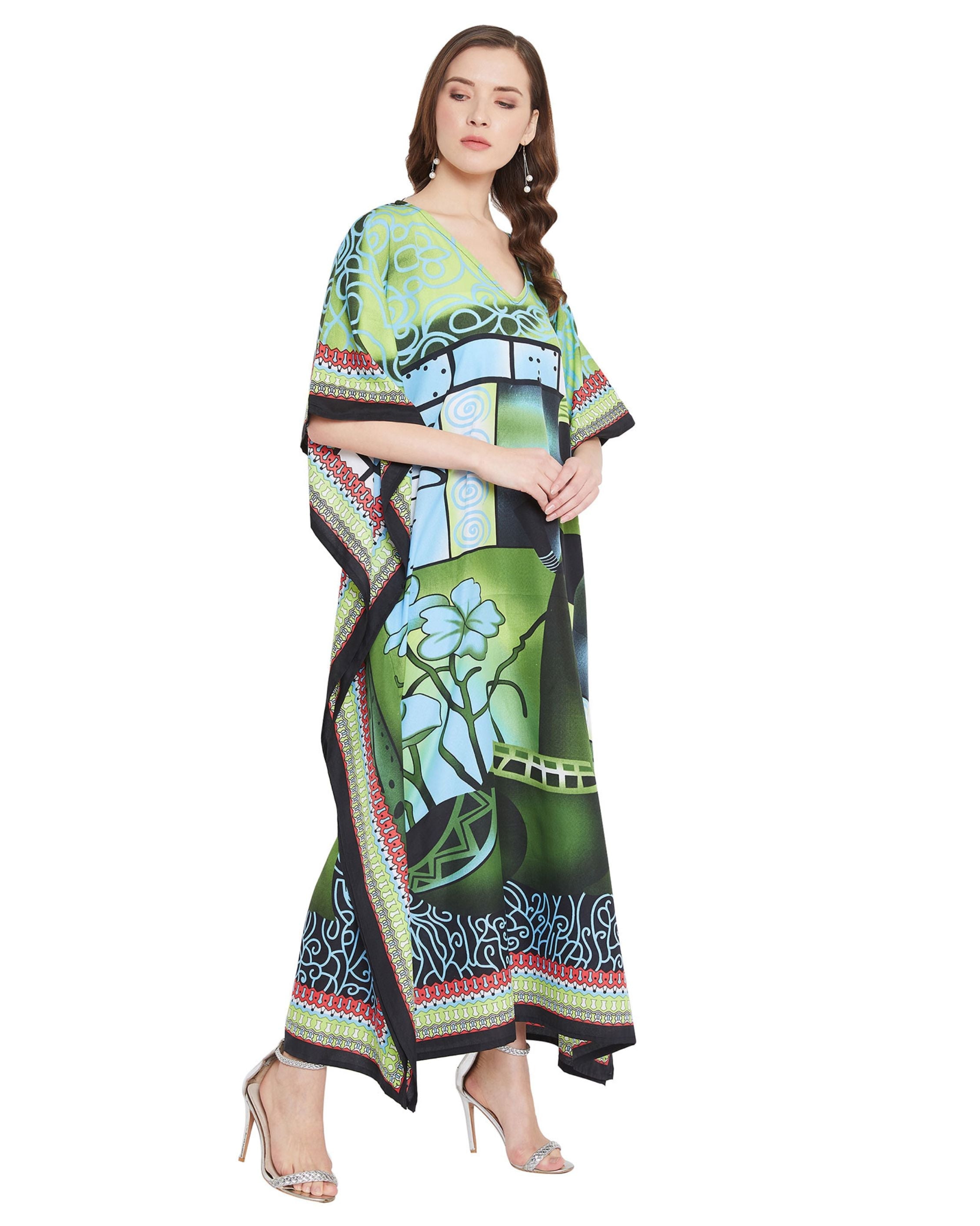 Floral Print Green Polyester Kaftan Plus Size Dress For Women