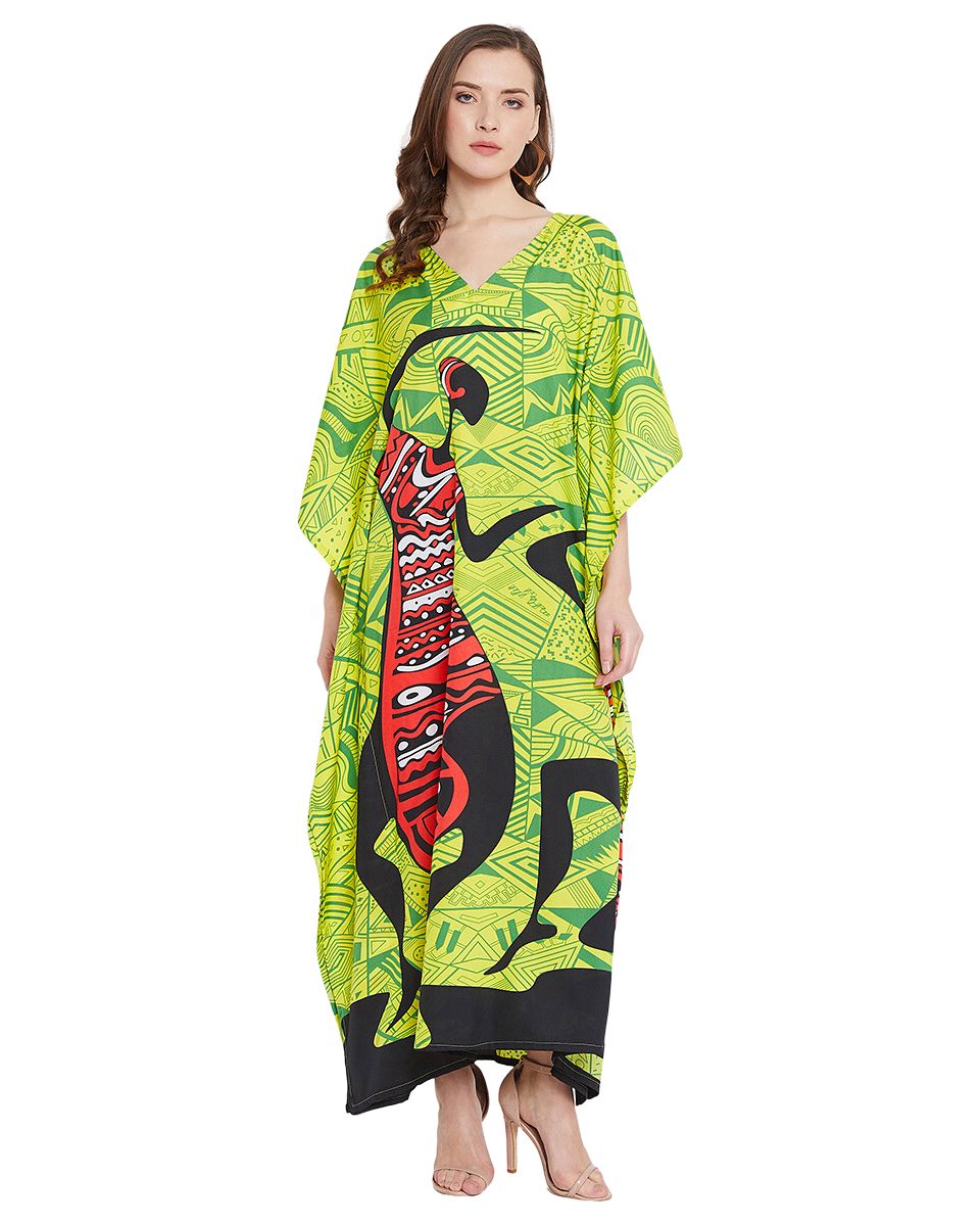 Green Polyester Kaftan Dress For Plus Size Women Tribal Printed