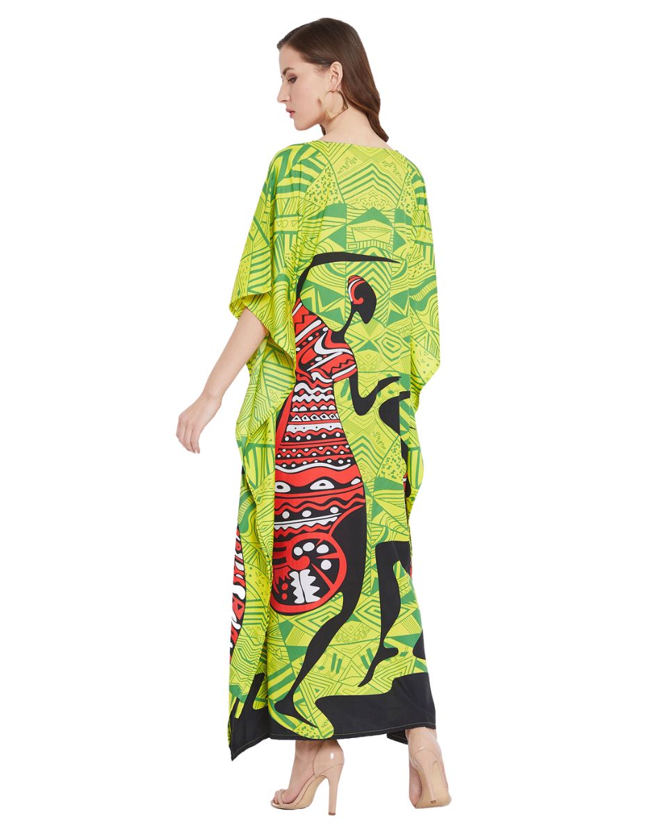 Green Polyester Kaftan Dress For Plus Size Women Tribal Printed