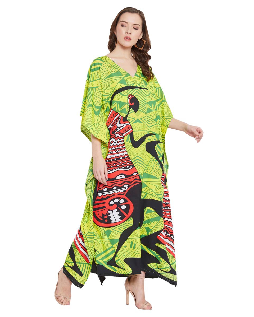 Green Polyester Kaftan Dress For Plus Size Women Tribal Printed