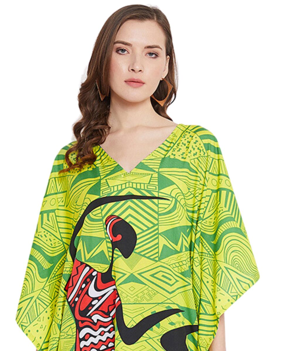 Green Polyester Kaftan Dress For Plus Size Women Tribal Printed