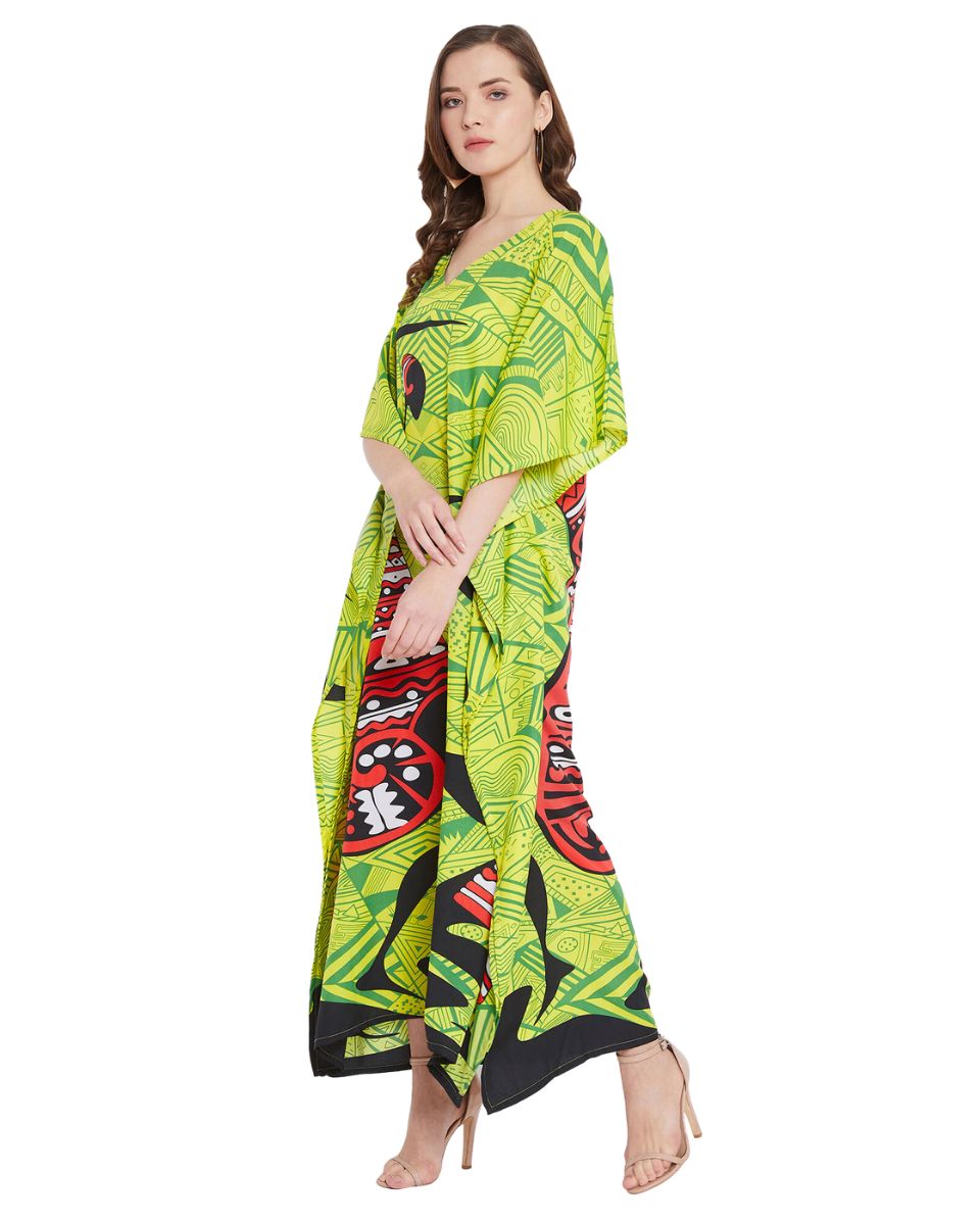 Green Polyester Kaftan Dress For Plus Size Women Tribal Printed