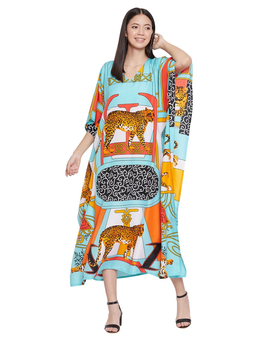 Animal Printed Multicolor Polyester Kaftan Dress For Plus Size Women