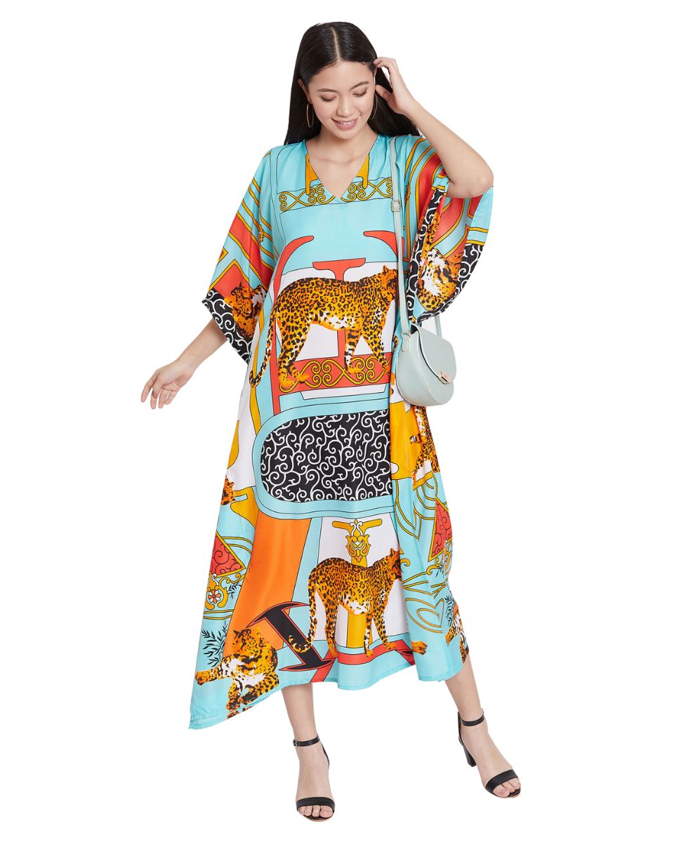 Animal Printed Multicolor Polyester Kaftan Dress For Plus Size Women