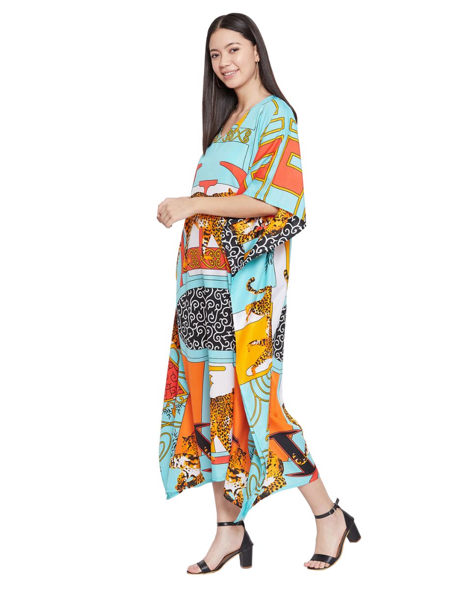 Animal Printed Multicolor Polyester Kaftan Dress For Plus Size Women