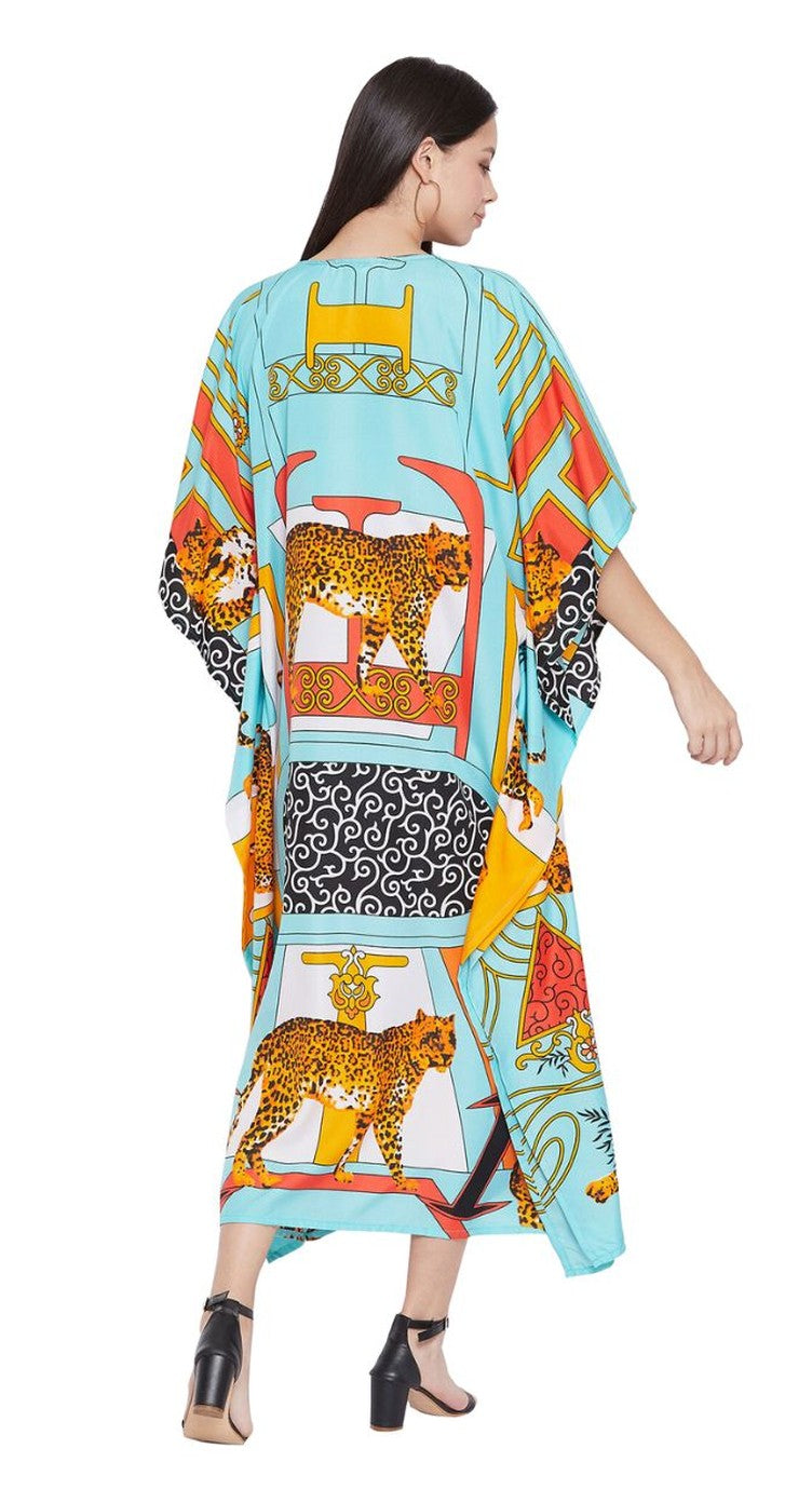 Turquoise plus size kaftan with leopard and tiger medallion print and V-neck — alternate view