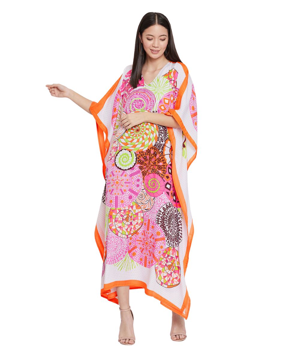 Mandala Print Pink Polyester Plus Size Kaftan Dress For Women