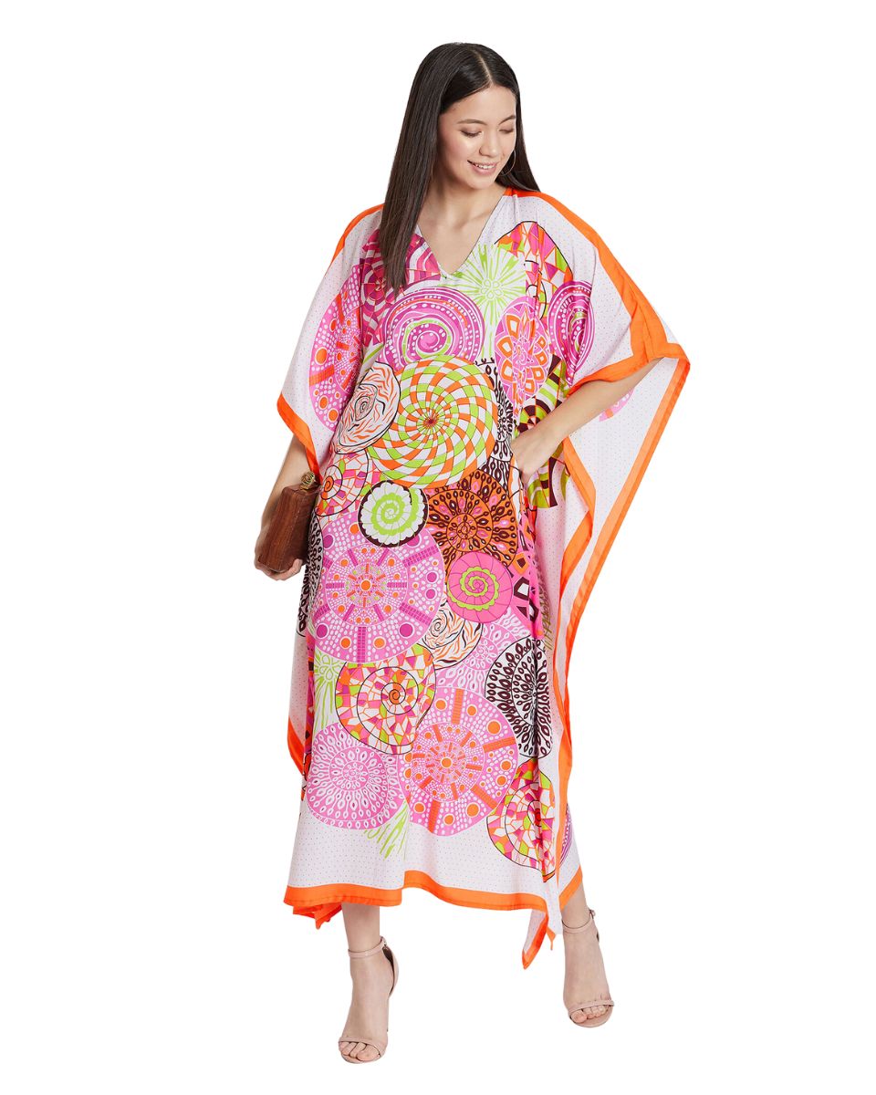 Mandala Print Pink Polyester Plus Size Kaftan Dress For Women