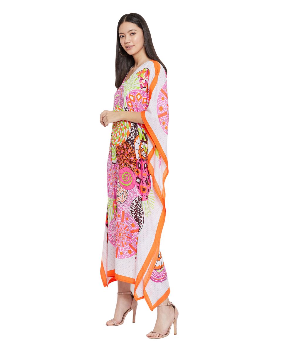 Mandala Print Pink Polyester Plus Size Kaftan Dress For Women