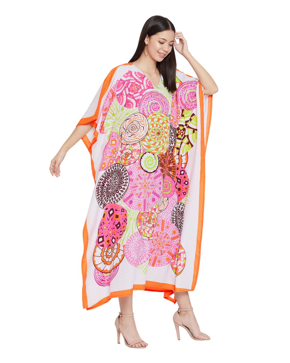 Mandala Print Pink Polyester Plus Size Kaftan Dress For Women