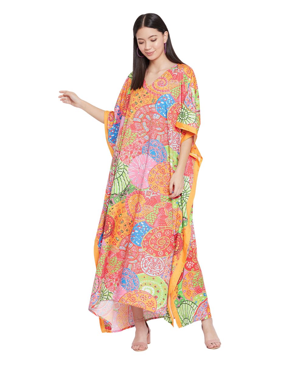 Mandala Print Multicolor Polyester Kaftan Plus Size Dress For Women