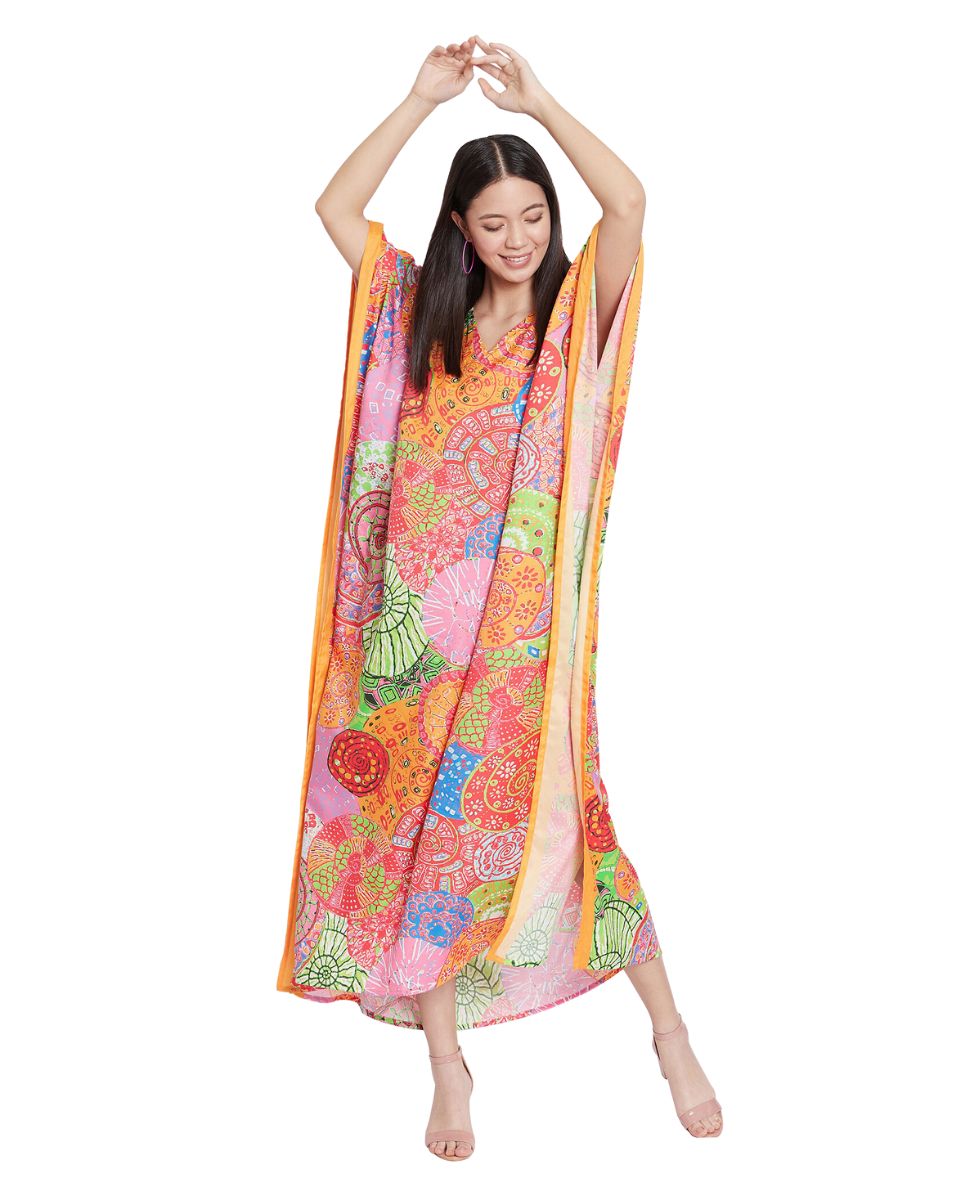 Mandala Print Multicolor Polyester Kaftan Plus Size Dress For Women