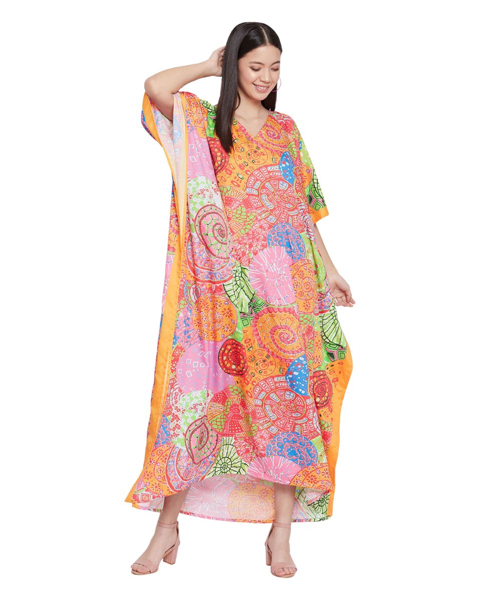 Mandala Print Multicolor Polyester Kaftan Plus Size Dress For Women