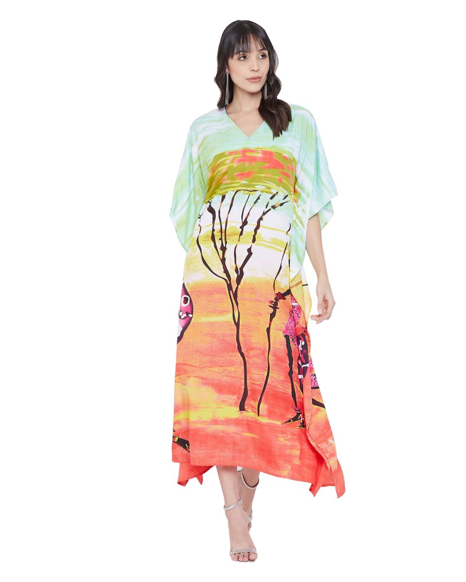 Women Tribal Printed Multicolor Polyester Plus Size Kaftan