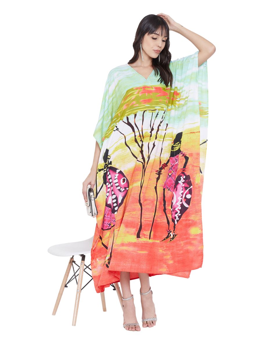 Women Tribal Printed Multicolor Polyester Plus Size Kaftan