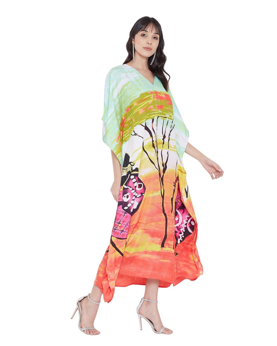 Women Tribal Printed Multicolor Polyester Plus Size Kaftan