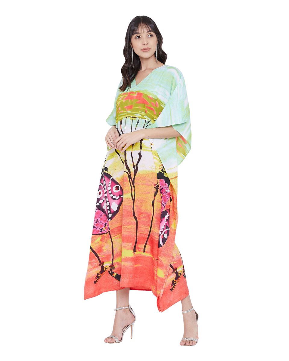 Women Tribal Printed Multicolor Polyester Plus Size Kaftan