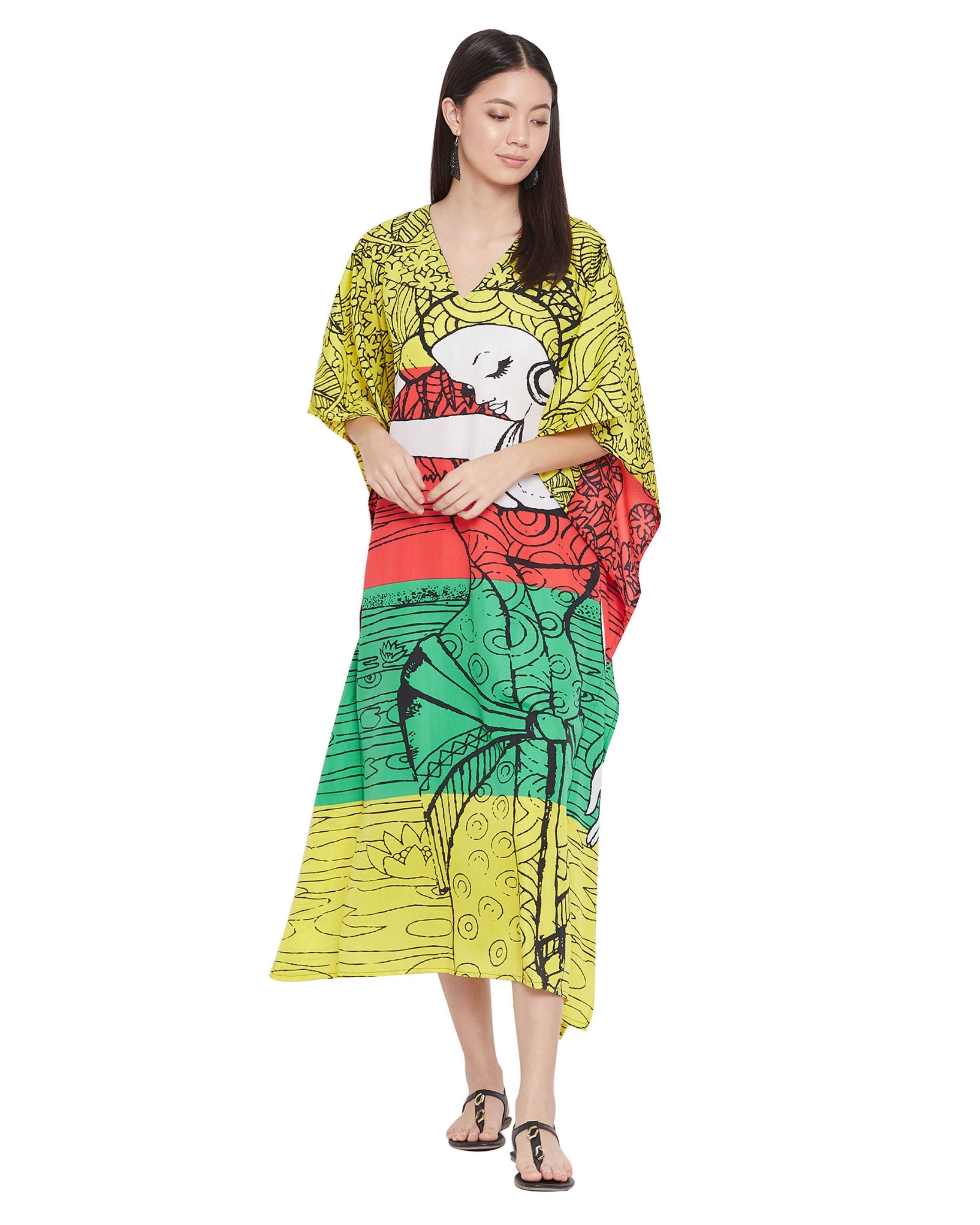 Printed Tribal Multicolor Polyester Kaftan For Plus Size Women