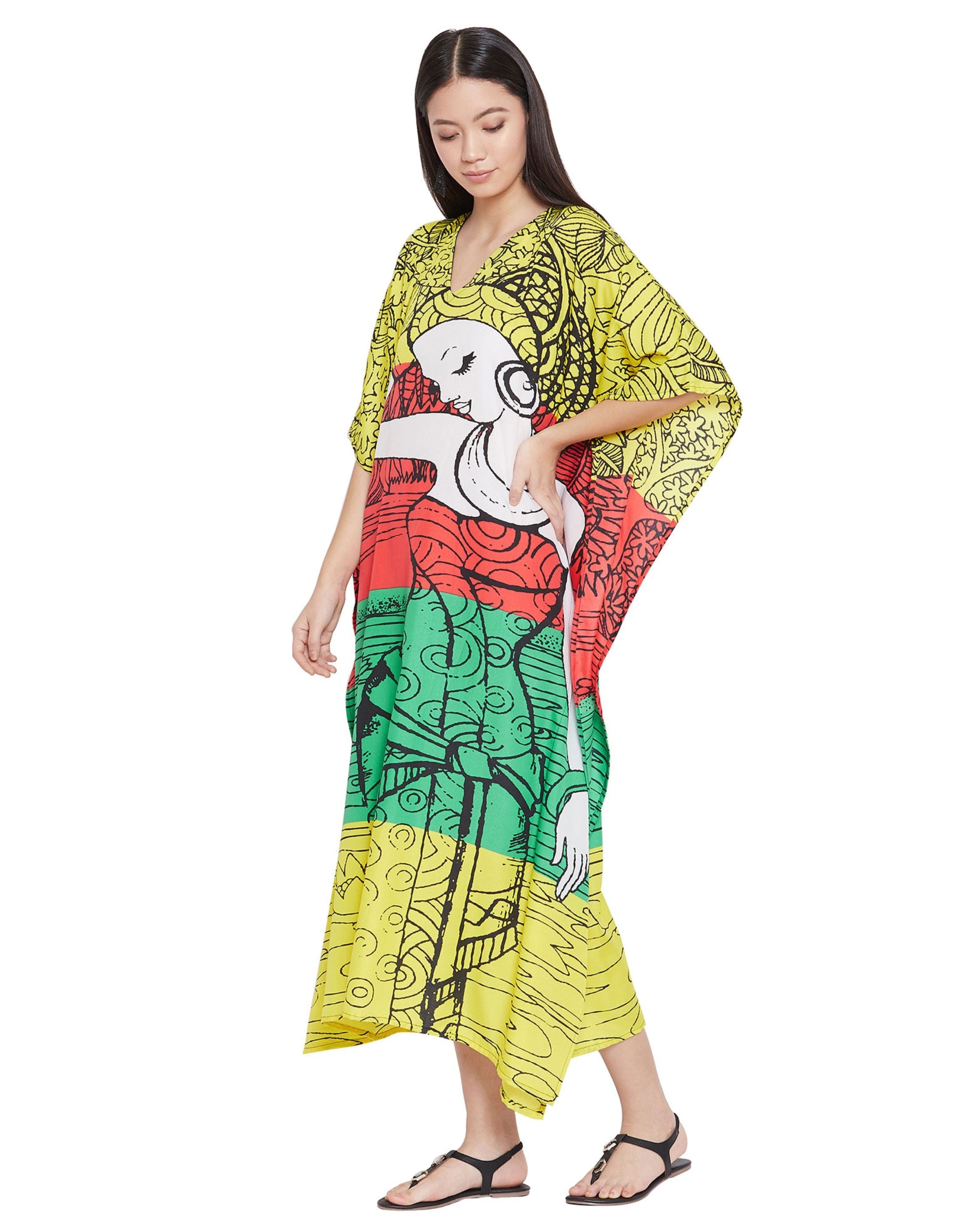 Printed Tribal Multicolor Polyester Kaftan For Plus Size Women
