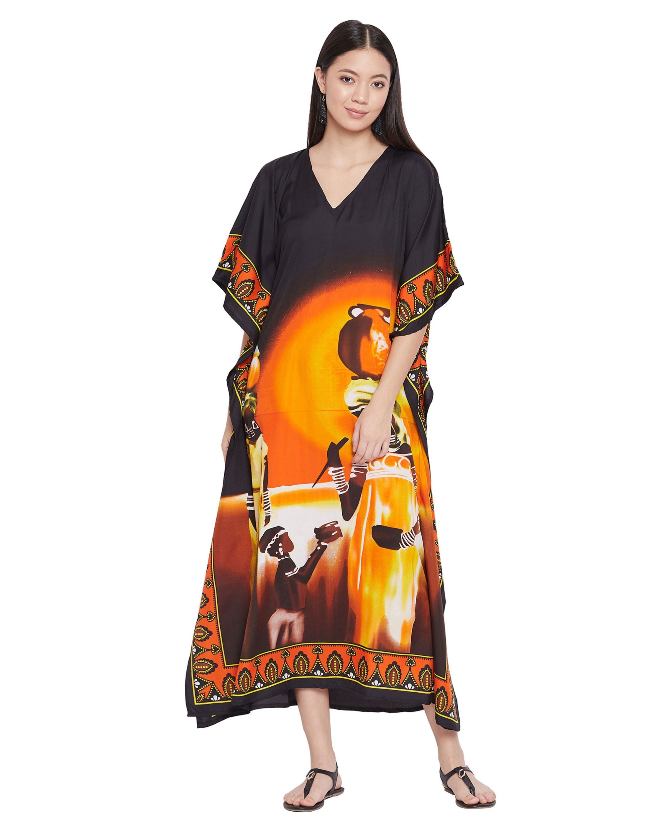 Caftan Dress For Plus Size Women Tribal Printed Black Polyester