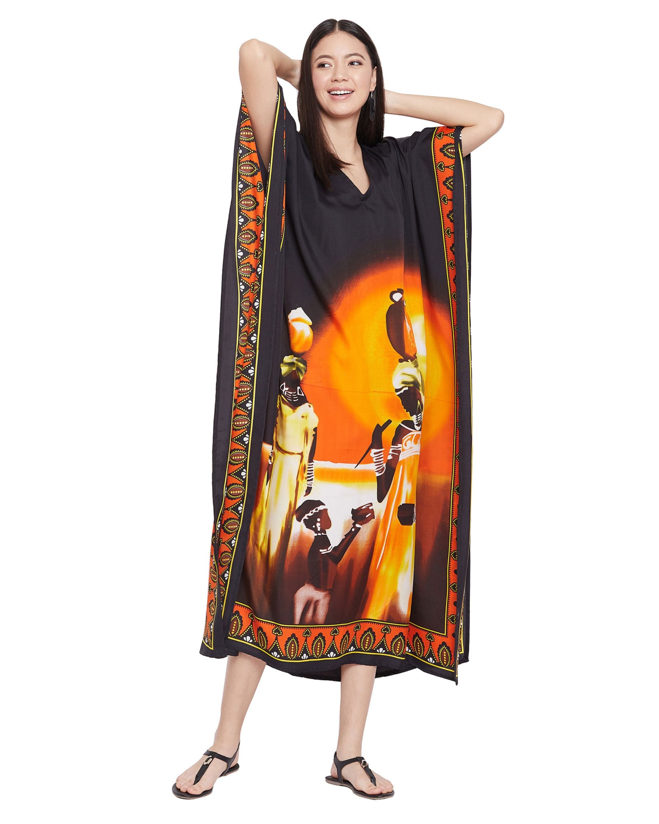 Caftan Dress For Plus Size Women Tribal Printed Black Polyester