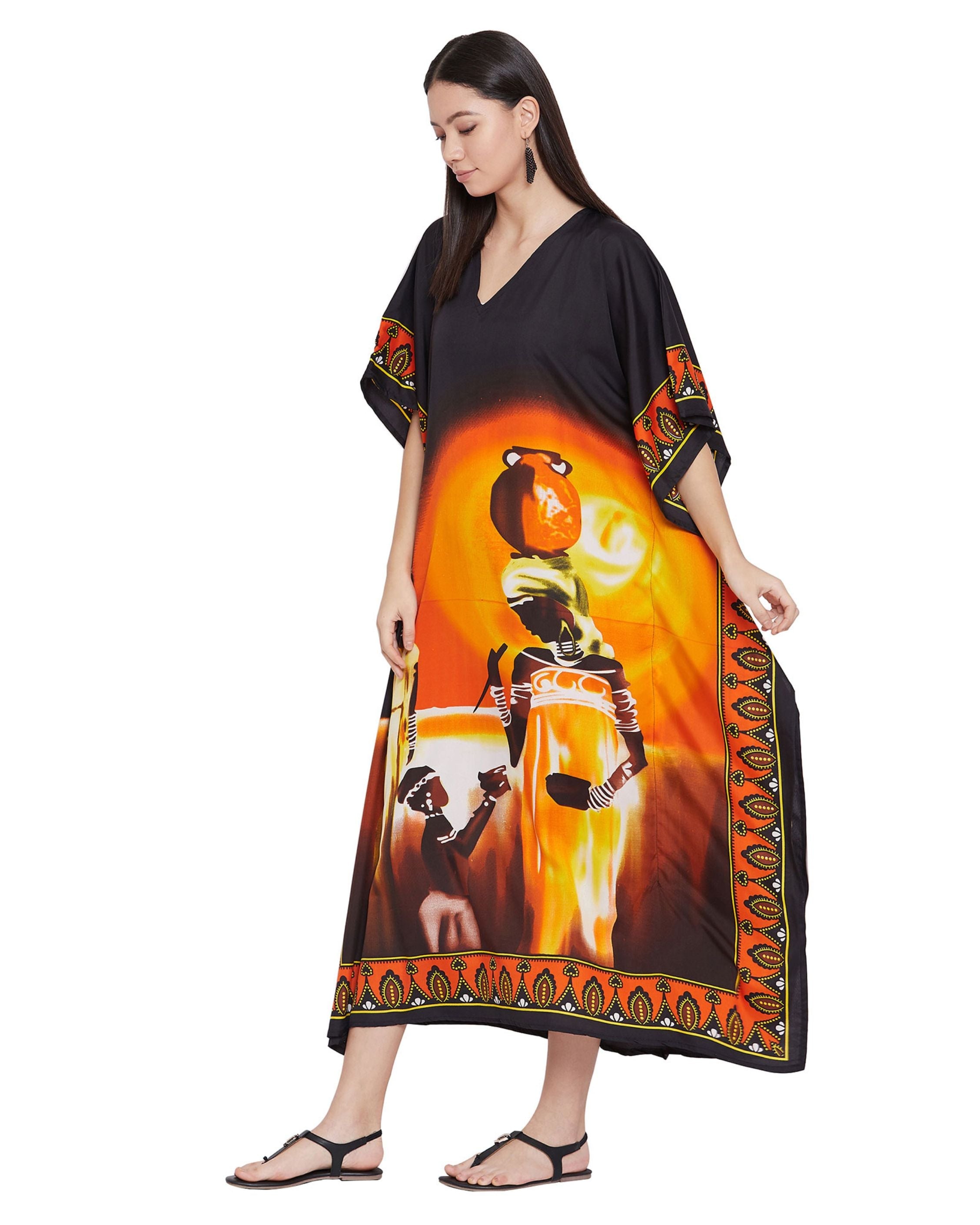 Caftan Dress For Plus Size Women Tribal Printed Black Polyester