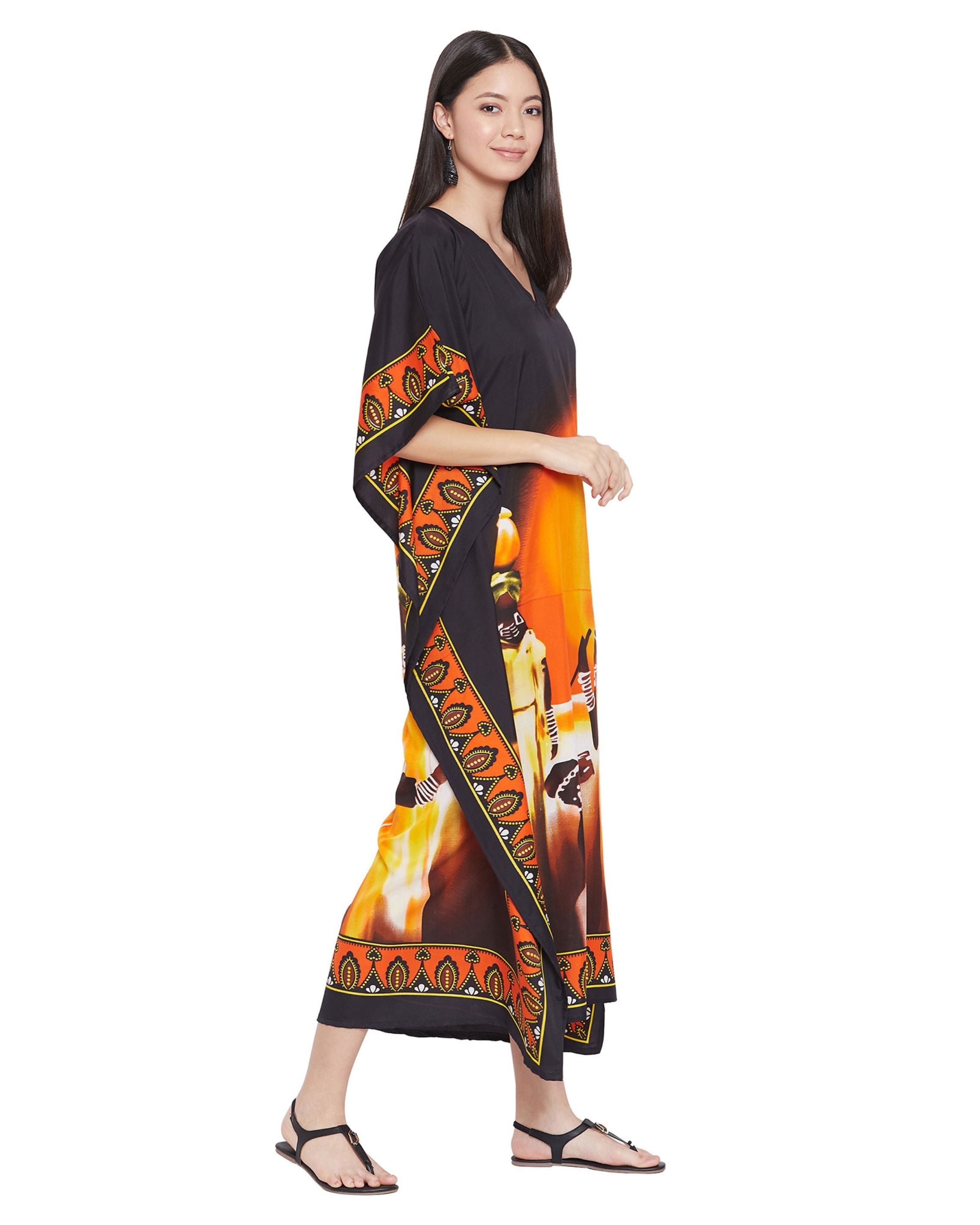 Caftan Dress For Plus Size Women Tribal Printed Black Polyester