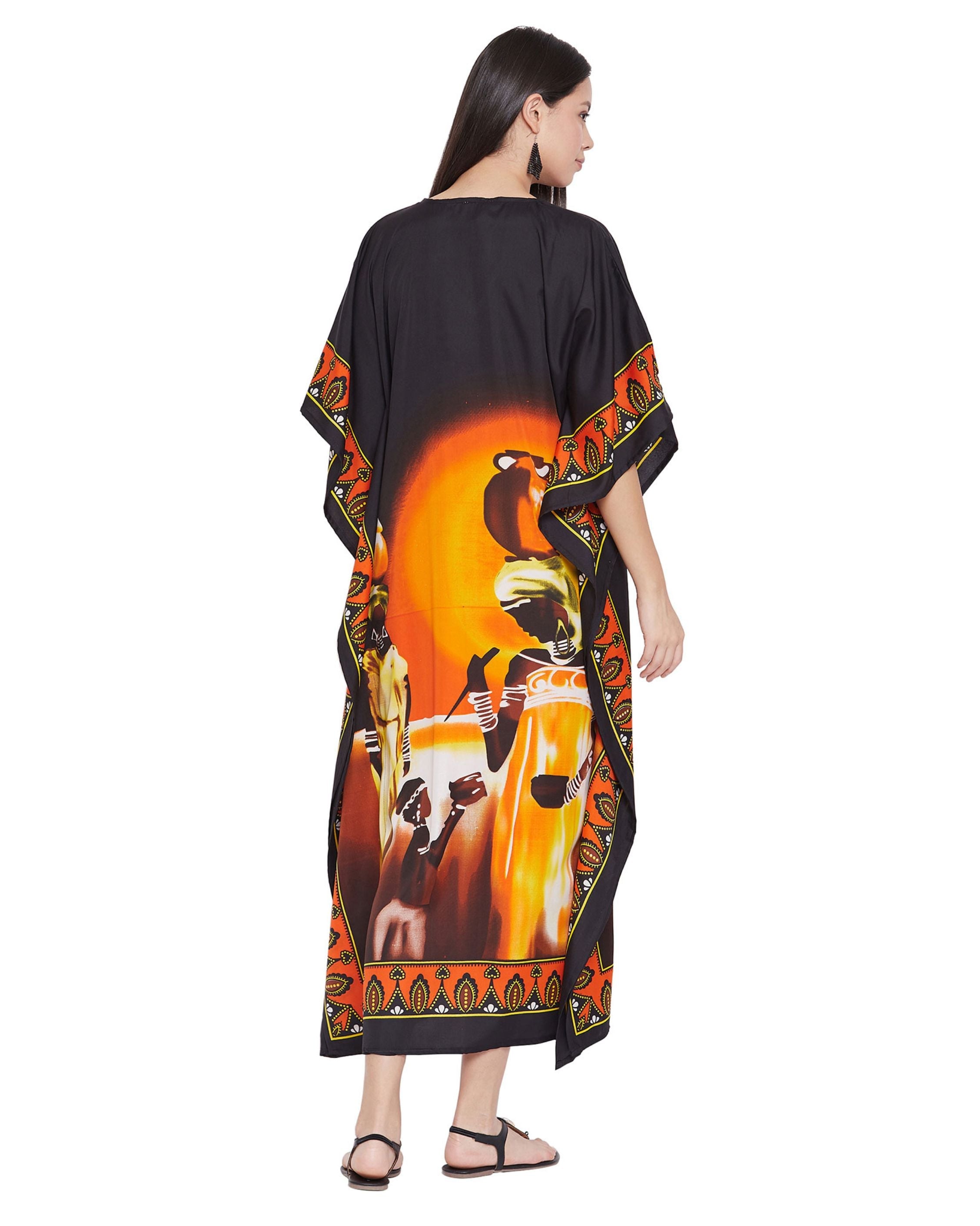 Caftan Dress For Plus Size Women Tribal Printed Black Polyester