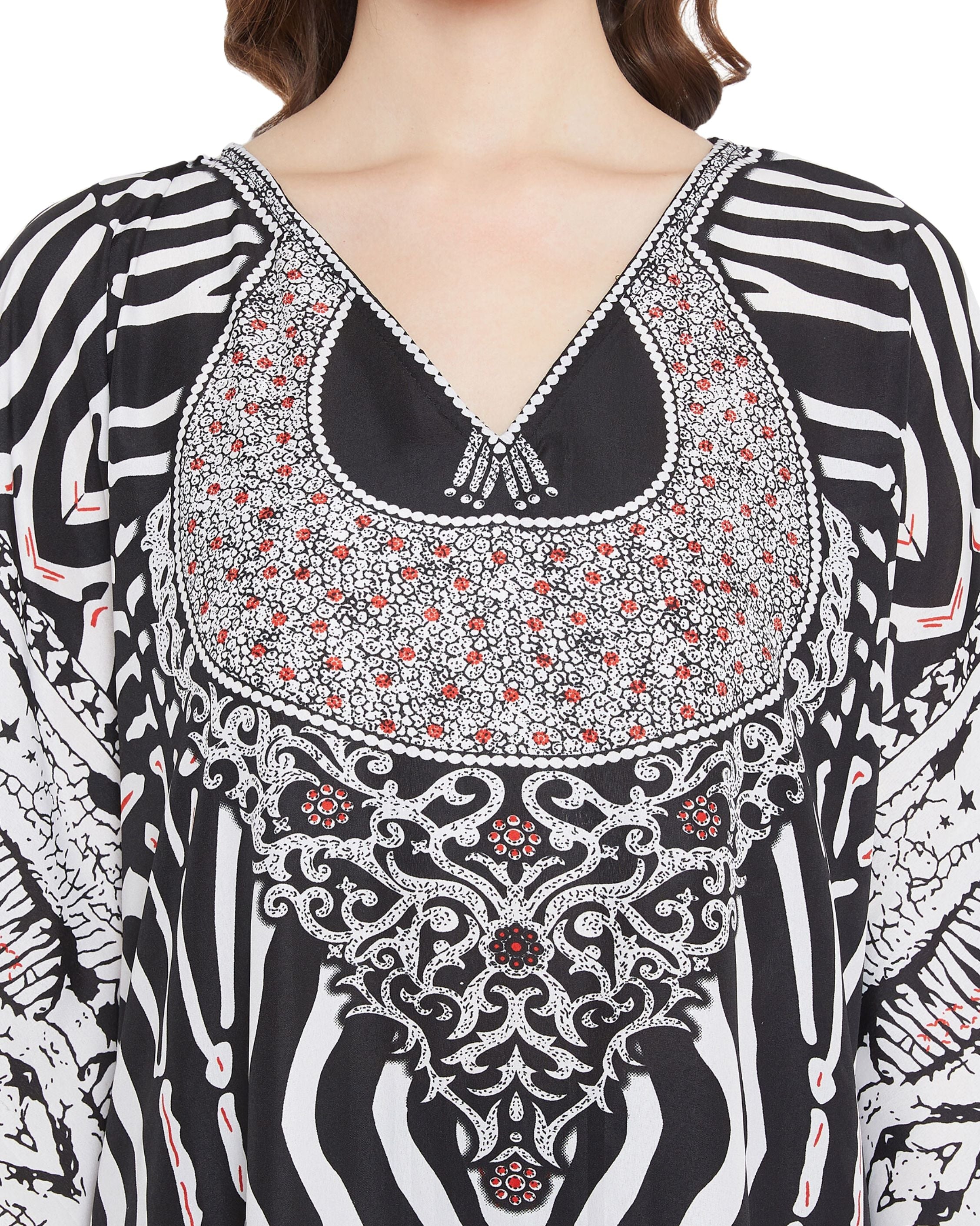 Digital Printed Black And White Polyester Kaftan For Plus Size Women
