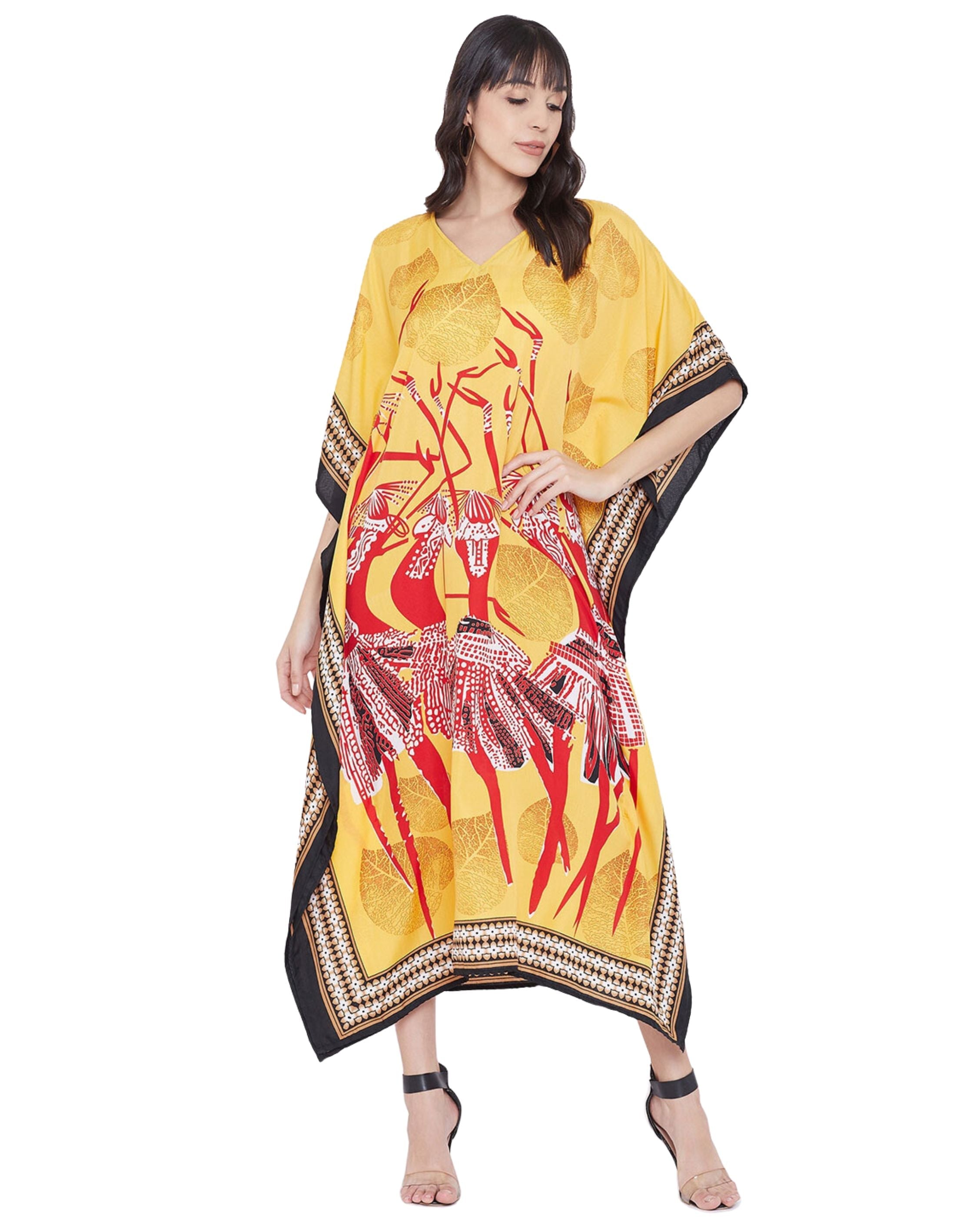 Tribal Printed Yellow Polyester Kaftan For Plus Size Women