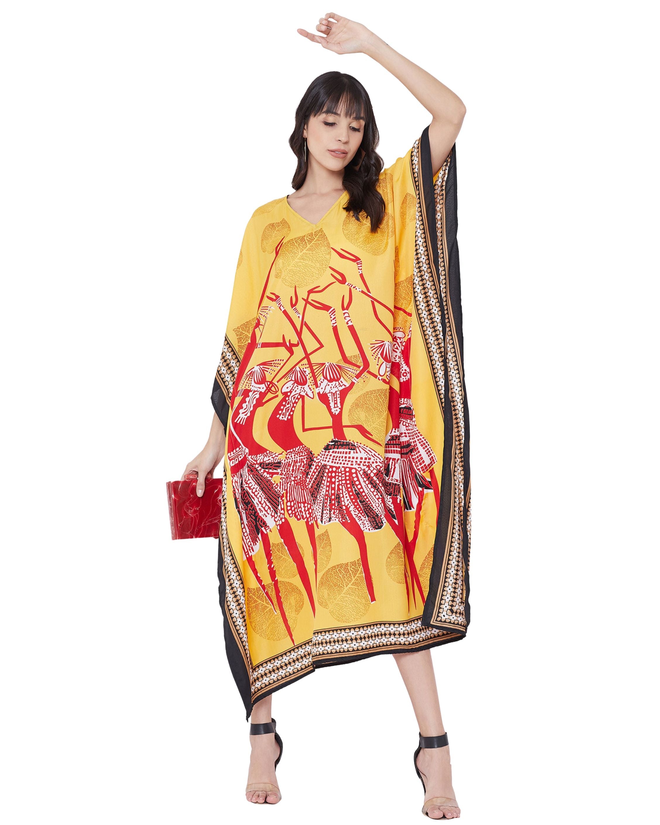 Tribal Printed Yellow Polyester Kaftan For Plus Size Women