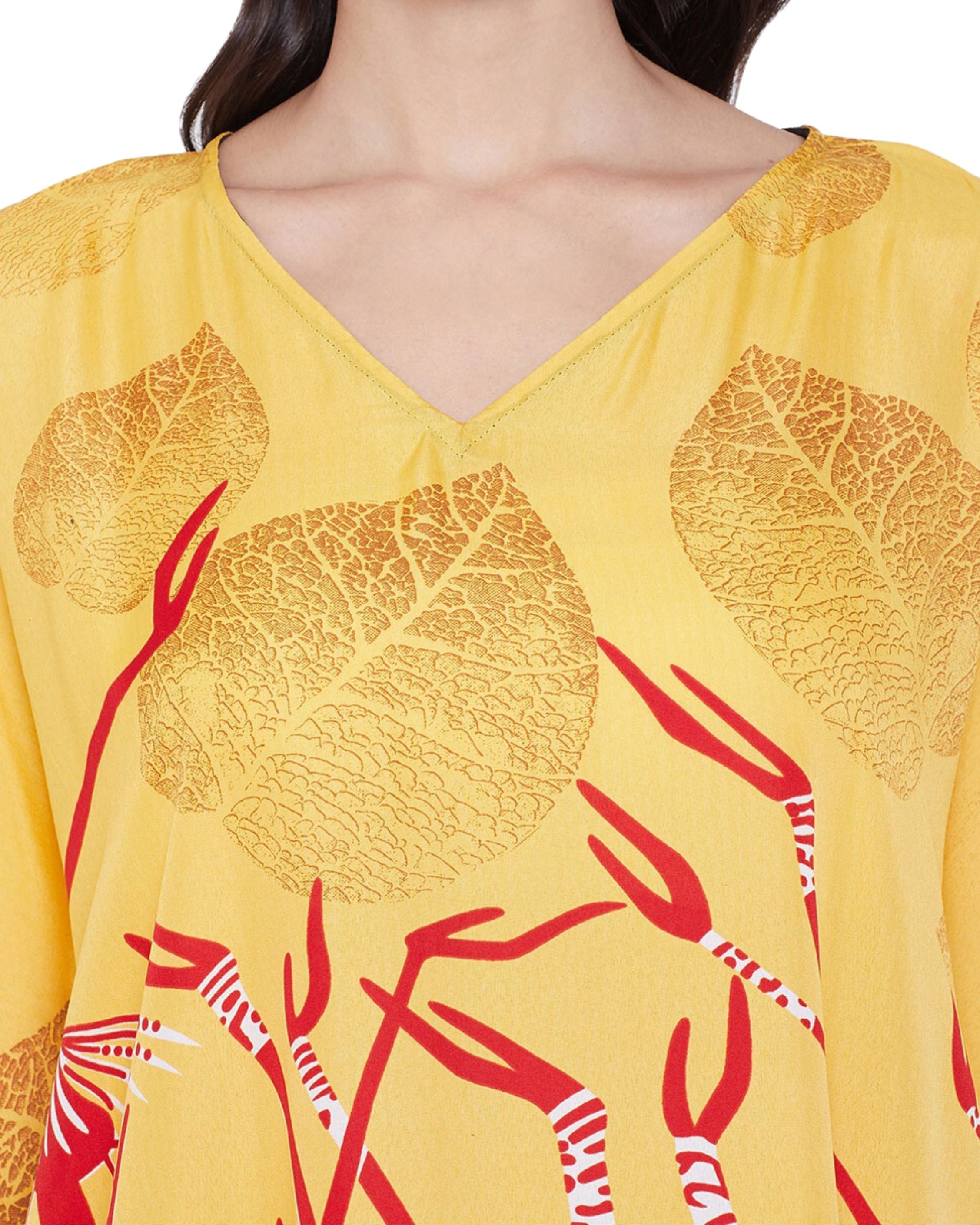 Tribal Printed Yellow Polyester Kaftan For Plus Size Women