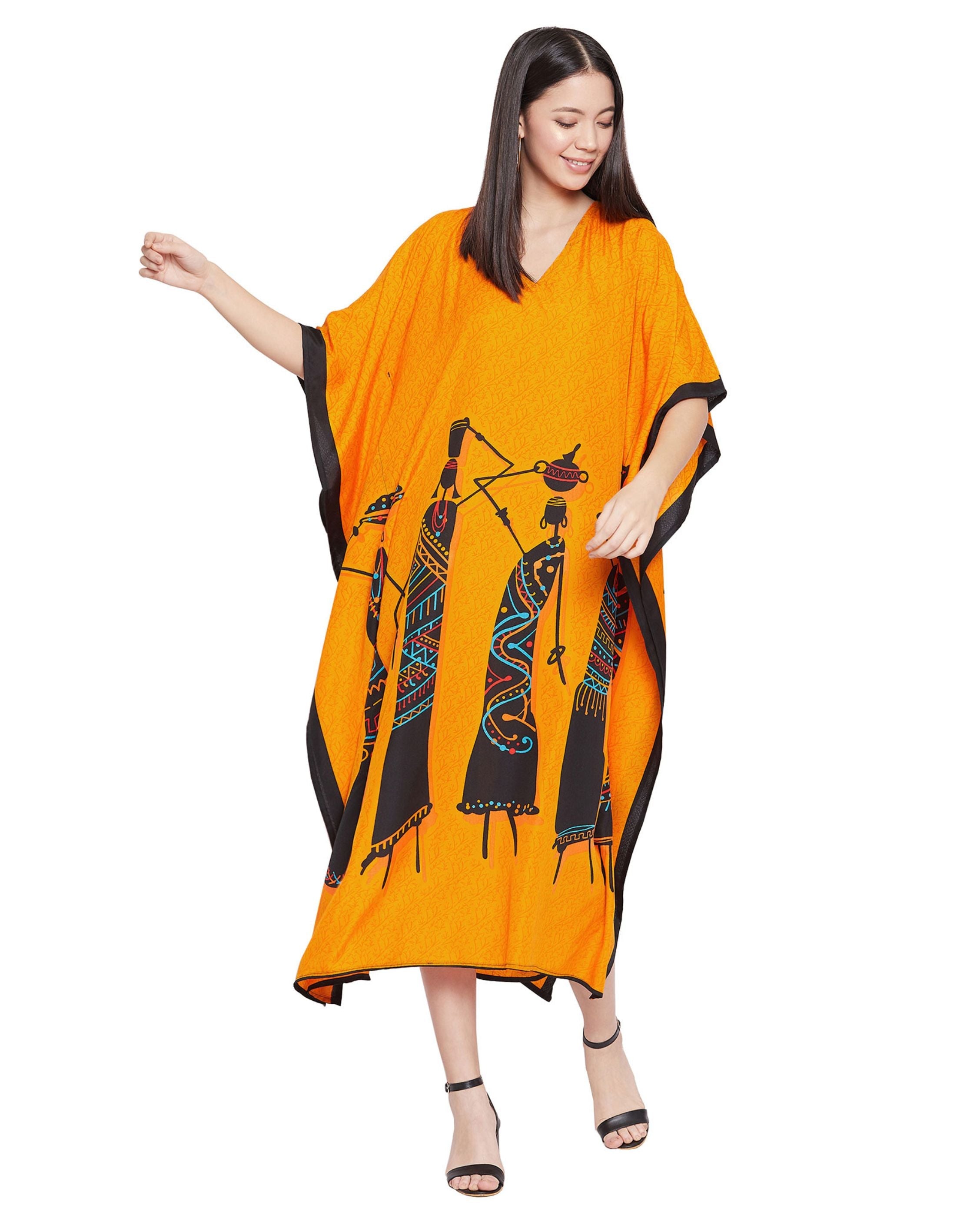 Orange Polyester Tribal Printed Plus Size Kaftan For Women